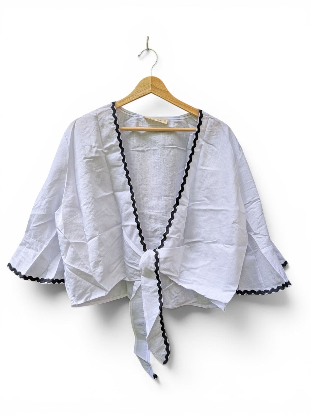 White Tie-Front Blouse with Black Ric Rac Trim